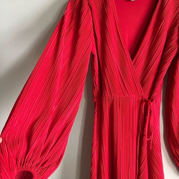 H&M Red Pleated Faux Wrap Dress XS – Balloon Sleeves Party Holiday Cocktail - Picture 3 of 7